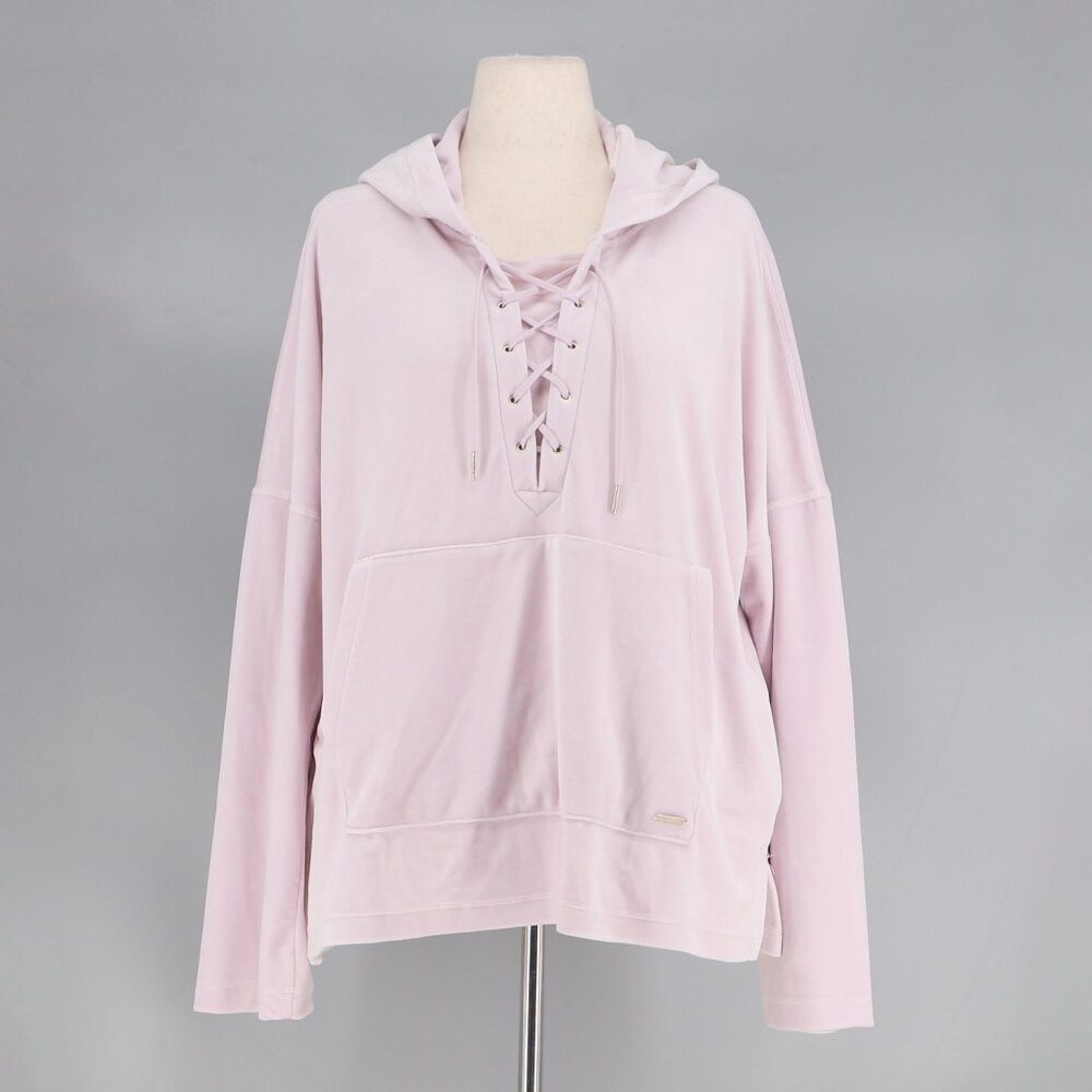 DONNA KARAN Active Velour Lace up Hooded Sweatshirt in Lilac Pink Size L